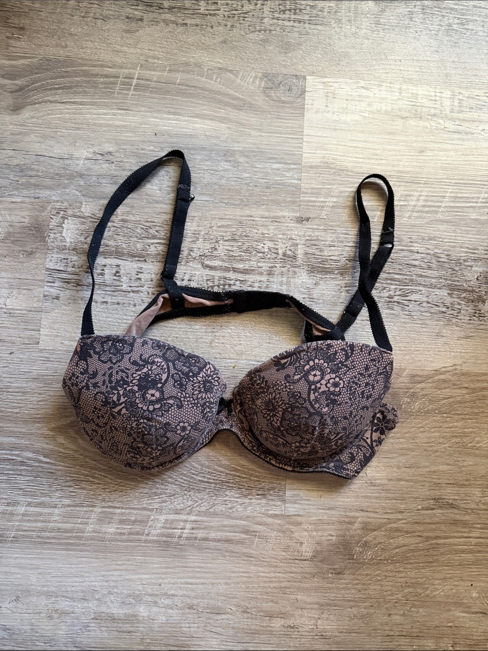 Ambrielle Brown Bra with Black Floral Lace Overlay On A Nude Color Base